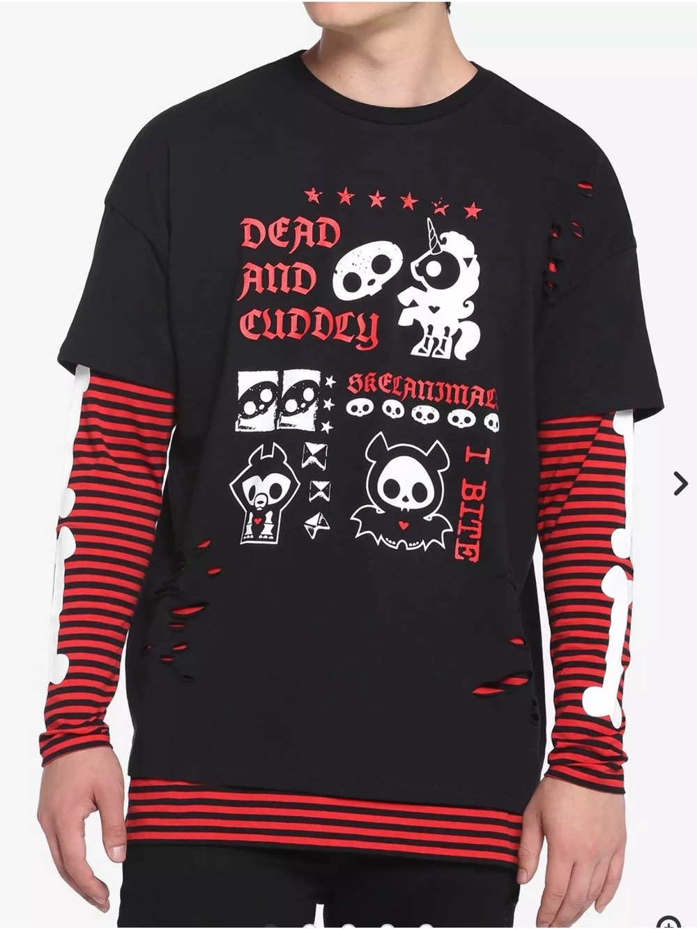 Skelanimals Ripped Black Red Striped Long Sleeve Shirt Dead and Cuddly Mens 2X